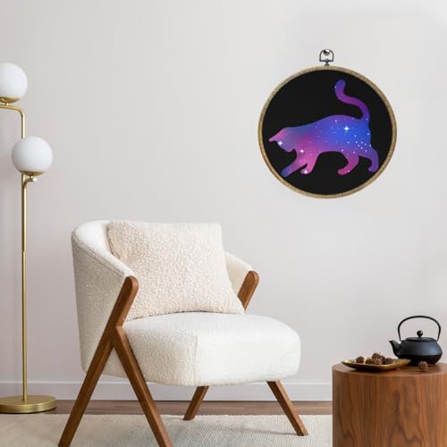 Galaxy Cat Wall Art - Round Framed Canvas Wall Decor for Cat Lovers - 10.2x10.2 Inches - Variation of Galaxy Cat 0585