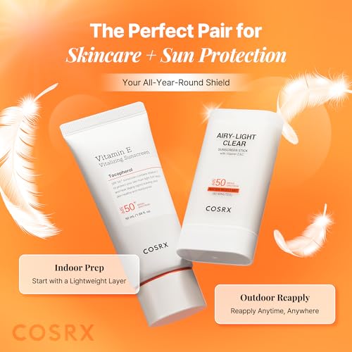 COSRX Airy-Light Clear Sunscreen Stick with Vitamin E & C SPF 50, 0.67 oz, 19g, Lightweight, Travel Essentials, Summer Essentials, Korean Skin Care, Korean Matte Sunscreen for Face