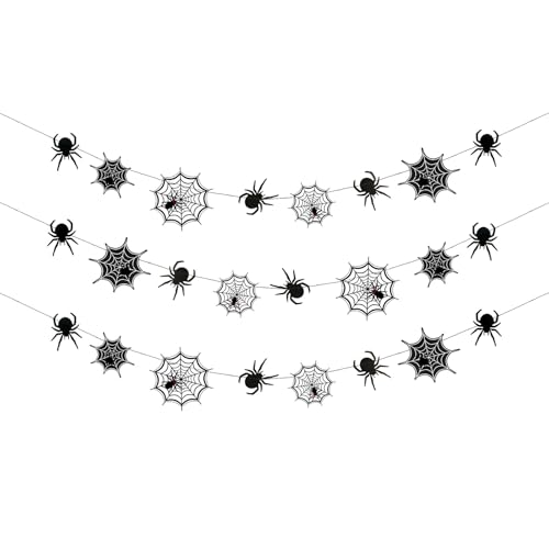 Halloween Spider Web Garland with Hanging Spiders - Indoor Outdoor Party Decorations