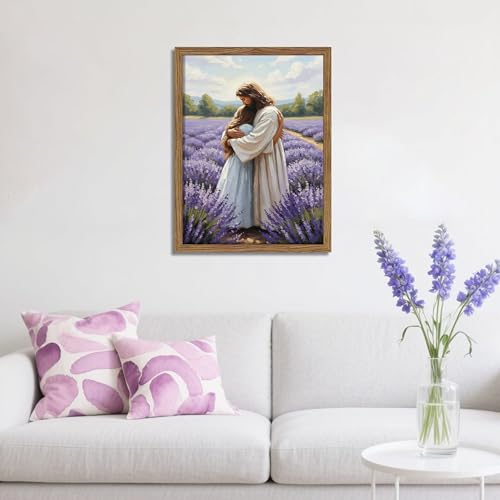 Jesus Embracing Girl Framed Christian Wall Art - 16x12in Religious Canvas Print - Lavender Scene