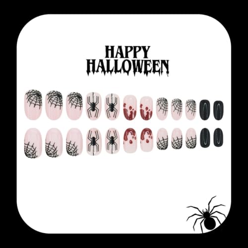 Halloween Press On Nails - Oval Medium Style-48 Spider Blood Drop, Reusable