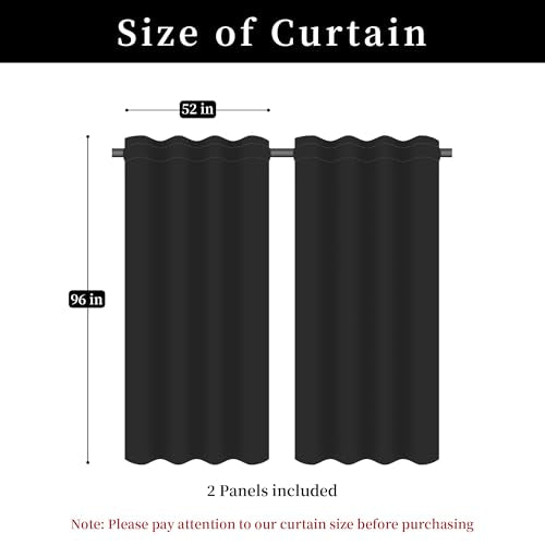 Black Damask Curtain Panels Set - 52W x 96L, Pack of 2, Luxury Fabric