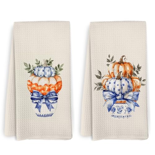Blue Pumpkin Hand Towels Set of 2 - Kitchen & Bathroom Decor, Chinoiserie Bow
