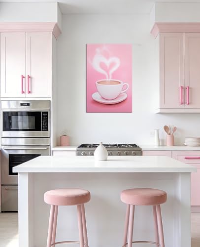 Pink Coffee Wall Art Canvas Prints 12x18 Inch Kitchen Decor with Heart & Cappuccino - Pink Variation A