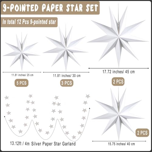 White 12 Pack 9-Pointed Large 3D Paper Star Lanterns with Star Garland for Party & Home Decor