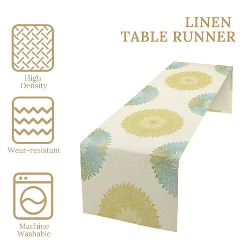 Mandala Flower Table Runner - Rustic Faux Linen Cotton Decor, 13x36in - Variation W13"x L36" Mandalateal-12