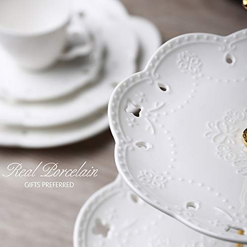 3-Tier Porcelain Cake Stand with Embossed Design - Elegant Dessert Display