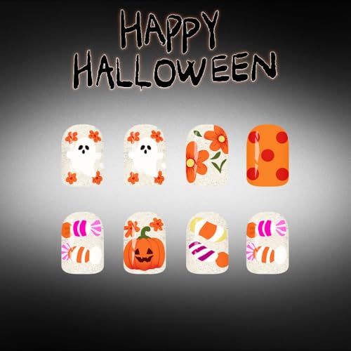 Halloween Press On Nails Short Square Nails with Pumpkin Ghost Designs - Pattern W16, 24 Pcs