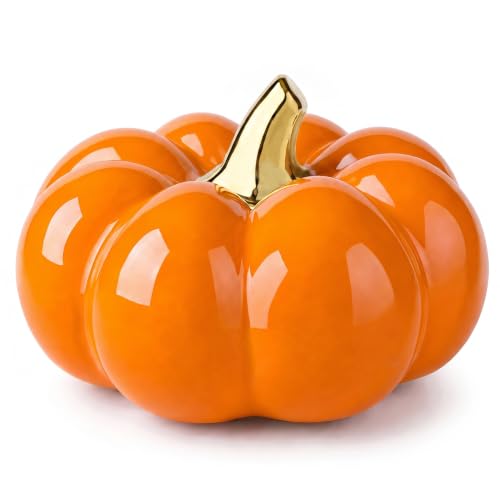 Orange Ceramic Pumpkin Halloween Decor - 8.2 Inch Fall Harvest Accent - Sibling Variation