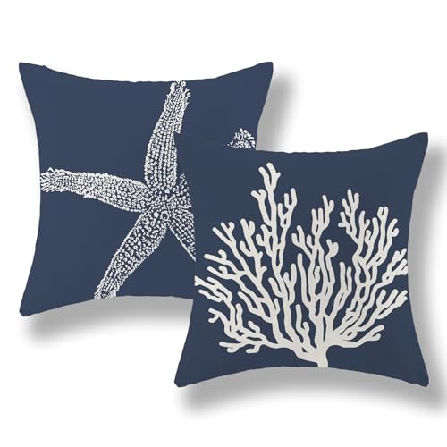 Navy Blue Starfish Coral Linen Pillow Covers 24x24 Inch Set of 2 - Coastal Nautical Decor