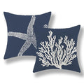 Navy Blue Starfish Coral Linen Pillow Covers 24x24 Inch Set of 2 - Coastal Nautical Decor