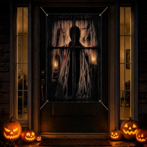 Halloween Window Decorations 2-Piece Scary Door Cover Curtains - Spooky Door Panel Set