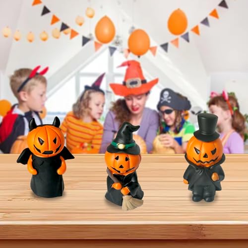 Halloween Miniature Pumpkin Figurines Set of 3 - Resin Decorations for Tabletop Fireplace Mantle Indoor Gifts