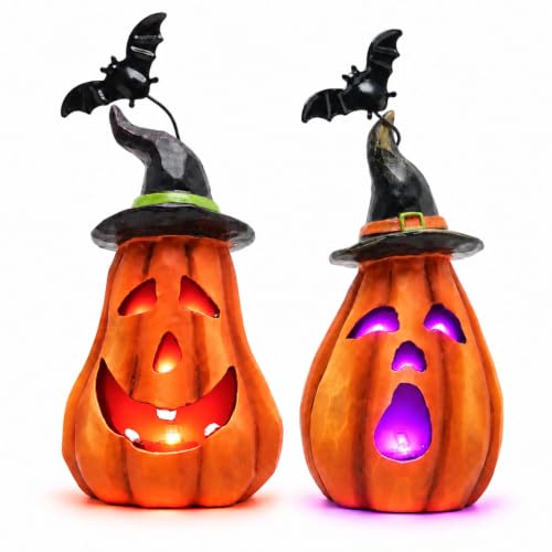 Hodao Halloween Pumpkin Figurines - Orange Jack-o'-Lantern Decor Set with Light-Up Faces