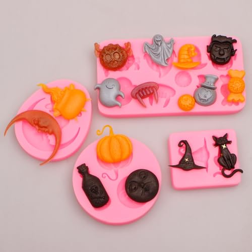 Halloween Silicone Candy & Chocolate Molds Set - Pumpkin, Ghost, Witch Hat, Cat, Skull, Eyeball Shapes for Baking & Crafting