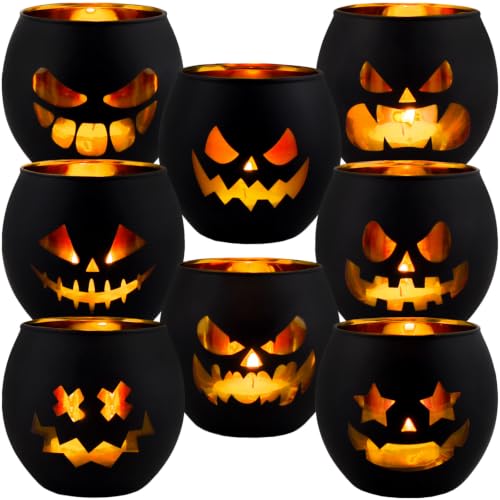 Aobray Halloween Votive Candle Holders - Jack O Lantern Tealight Set - Spooky Pumpkin Design