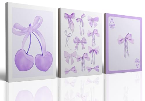 Framed Purple Coquette Bows Wall Art Set of 3 - 12x16 Inch Dorm Room Decor