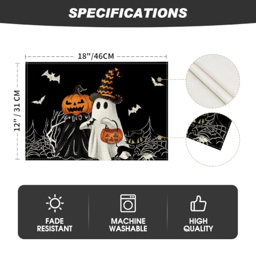 Halloween Bat Placemats Set of 4 - Black Ghost Bat 12x18 Inch Rectangular Decor