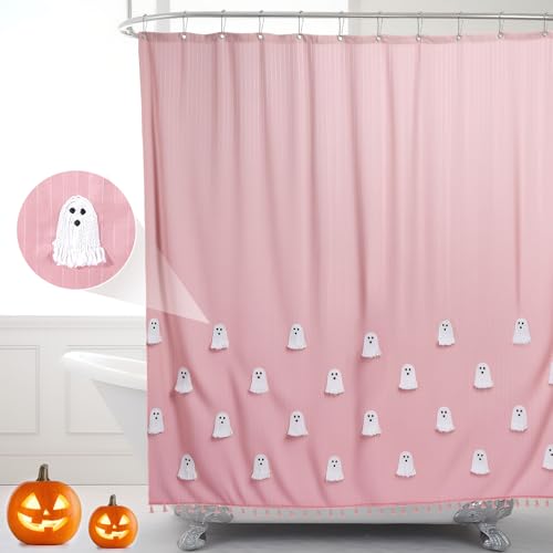 Halloween Ghost Shower Curtain Pink and White Cotton Embroidery - Cute & Spooky