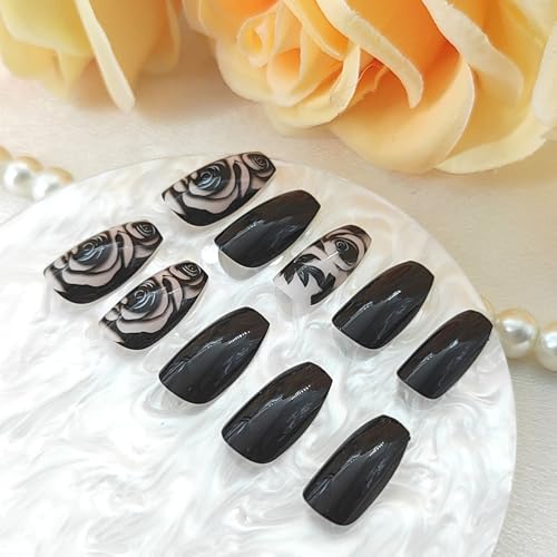 Coffin Press On Nails Short Fake Nails with Rose Leaves Design - Black Glossy 24Pcs
