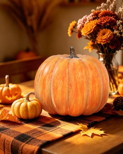 Artificial Pumpkin Decor - Large 13x11 Inch Autumn Fall Decoration - Round Variation