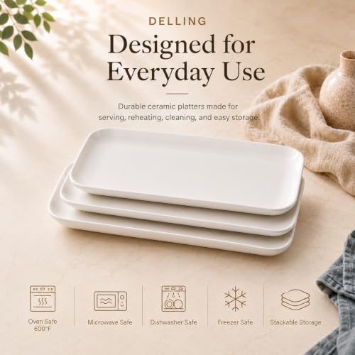 16 Inch 3-Tier Serving Tray Set with Collapsible Stand - Porcelain Platters for Entertaining, White