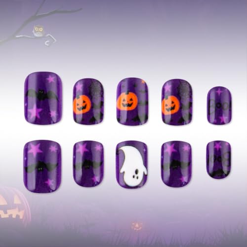 Halloween Short Square Press On Nails Set - Black Purple Ghost Pumpkin Bat Style85