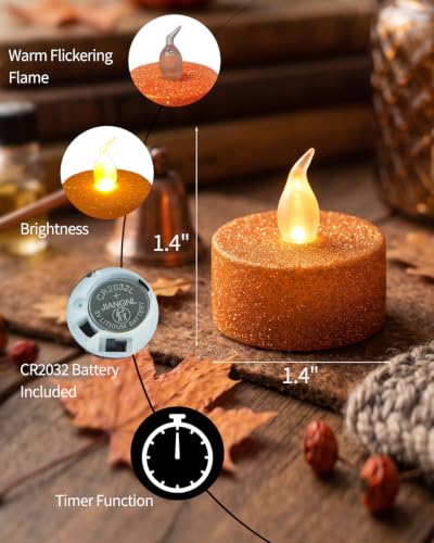 Orange Glitter Tea Lights Candles with Timer - 12PCS Flameless Flickering Lights