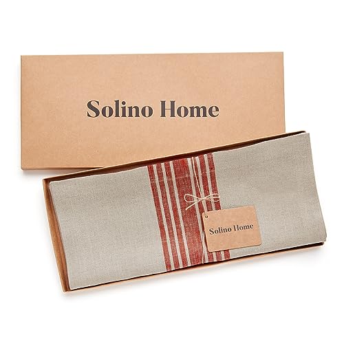 Farmhouse Red & Natural Linen Table Runner 14x36 Inches - Handcrafted