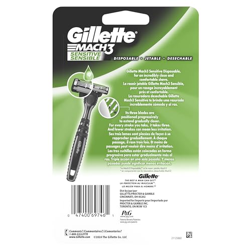 Gillette Mach3 Sensitive Razors for Men, Men’s Disposable Razors, Pivoting Head for Close and Comfortable Shave, 10 Count