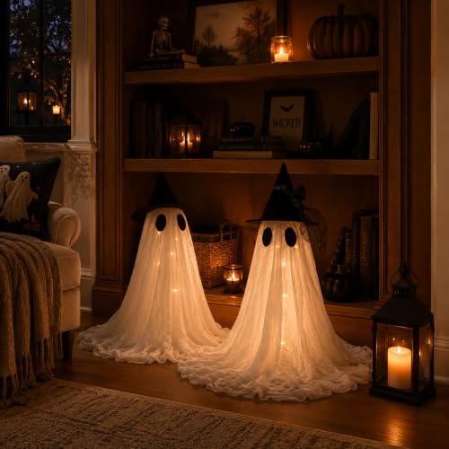 Medium 2-Pack Ghost Halloween Decor Set - USB Powered with Remote Lights