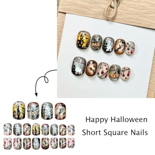 Halloween Short Press-On Nails Square Y2K Gothic Theme Fake Nails with Bat Pumpkins Spider Web Ghost Bat Pattern Style-13 - 24PCS
