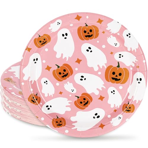Pink Ghost & Pumpkin Halloween Paper Plates 7 Inch - 24 Pack Disposable Party Tableware