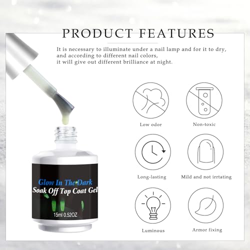 Glow In The Dark Nail Gel Top Coat - Transparent Luminous Finish for Any Color - Variation A (15ml)