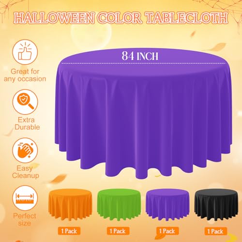 Halloween Plastic Round Tablecloth Set - 4 Pieces 84 Inch Orange Black Purple Green
