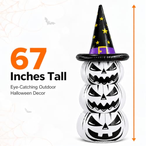 Inflatable Halloween Pumpkin Decoration - 67 Inch White Jack O Lantern Yard Decor with Witch Hat for Outdoor Lawn Porch Garden