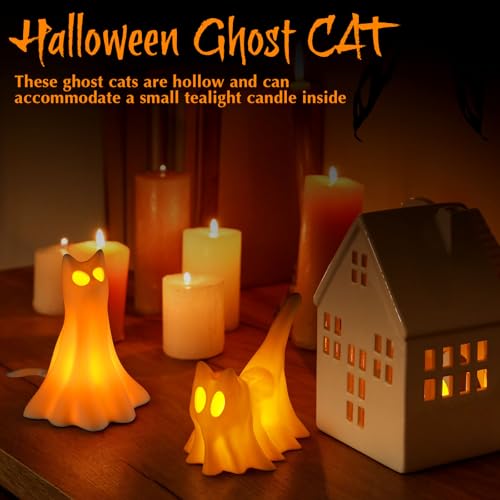 Halloween Ghost Cat LED Figurines Set - Spooky Tabletop Decor with Amber Glow