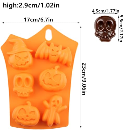 Halloween Silicone Chocolate Molds - 6 Cavity Pumpkin Bat Skull Ghost Witch Hat