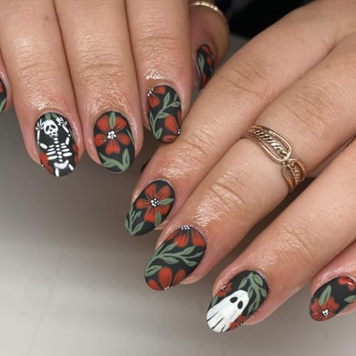 Halloween Press On Nails Short Oval Orange Flower & Skull Design - Variation 14