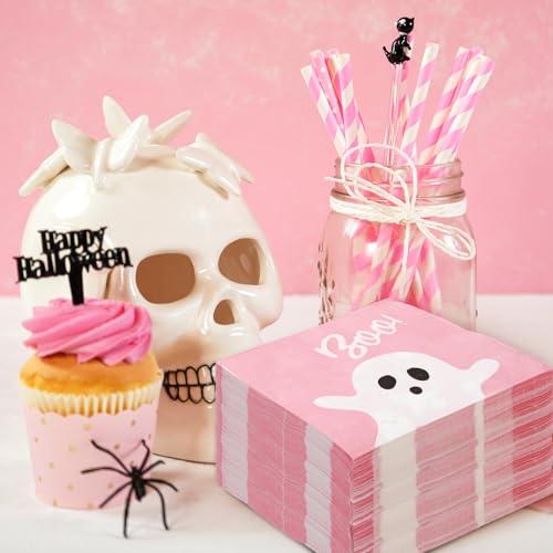Pink Ghost Halloween Paper Napkins - 100 Pack Disposable Party Tableware