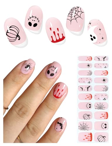 AutyaMee Semi Cured Gel Nail Strips Trick or Treat Halloween Bat Skull Pumpkin 20 Pcs