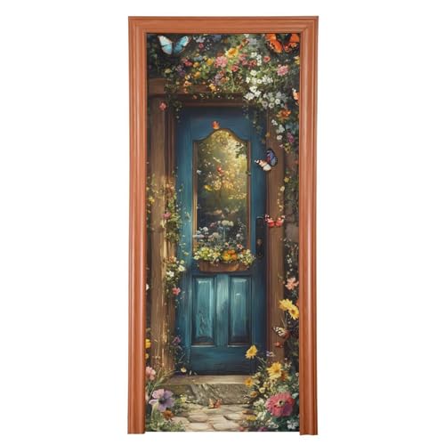 Spring Flower Wood Door Cover - Stretch Fabric Porch Decoration 35x79 in - Spring Flowers Variation