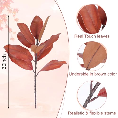 Artificial Magnolia Leaves Stems - Burgundy Fall Branches for Home Decor, Weddings & Events - 4 Pieces with Red Variation