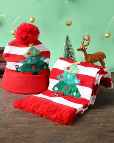 Xmas Tree Pattern Christmas Hat with Scarf Set - Santa Beanie & Knit Accessory for Holiday Party