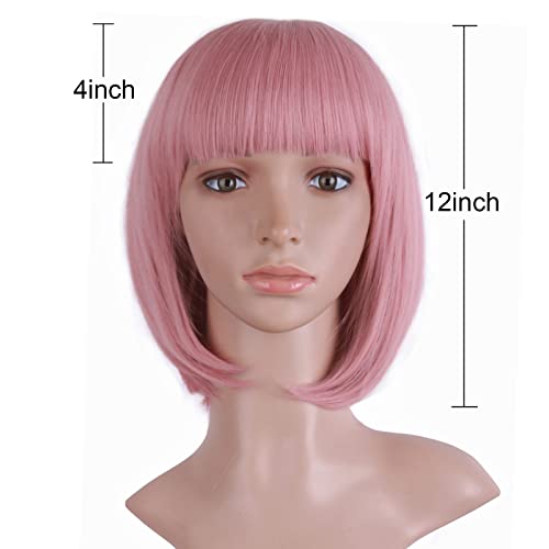 12 Inch Lady Short Straight Flat Bangs Bob Wig - Rouge Pink