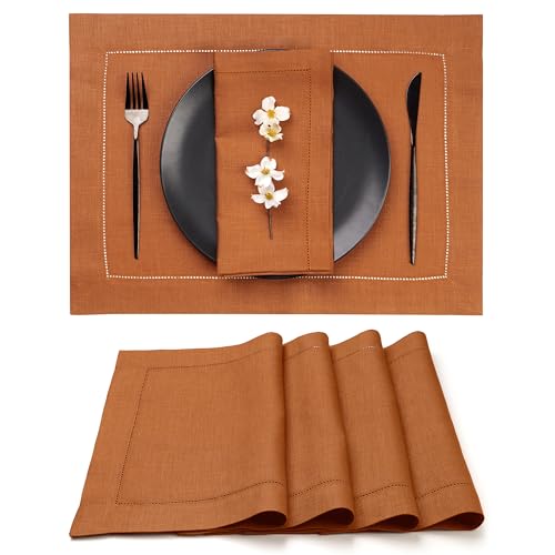 Rust Linen Placemats Set of 4 - 14 x 19 Inch Hemstitch Table Mats - Fall & Weddings