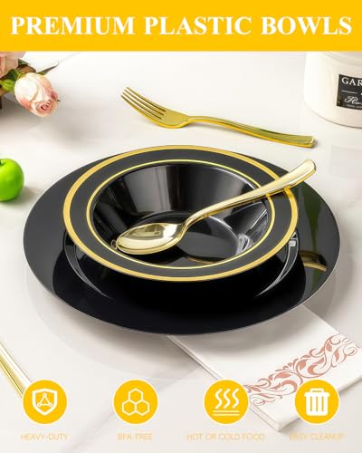 200 Pack Black Disposable Bowls with Gold Rim - Heavy Duty Party & Catering Serveware