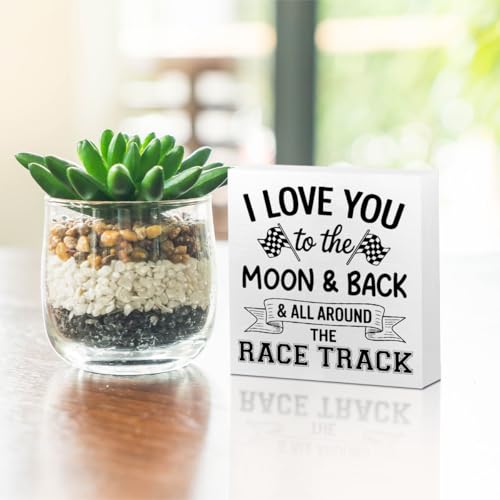 Race Track Wooden Box Sign - Desk Decor with Checkered Flags, Rustic Home Accent