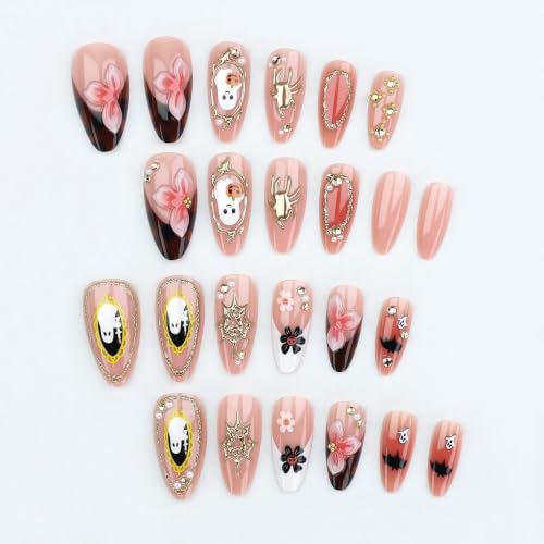 Medium Almond Pink 3D Ghost Spider Flower Halloween Press On Nails - Reusable