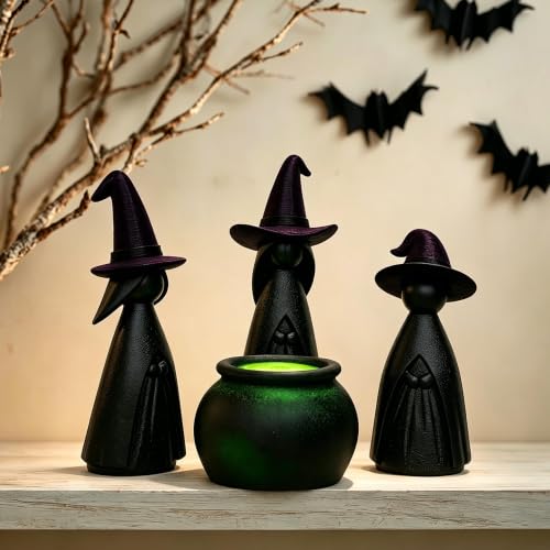 Green Halloween Witch Cauldron Figurine Set - Lighted Resin Miniatures for Indoor Outdoor Decor
